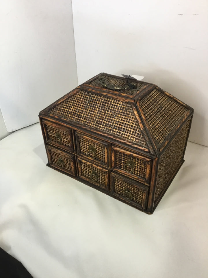 Vintage Storage Rattan 6 Drawer Jewelry Brown Box