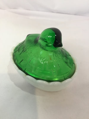 Vintage Green/White Glass Bird Bowl