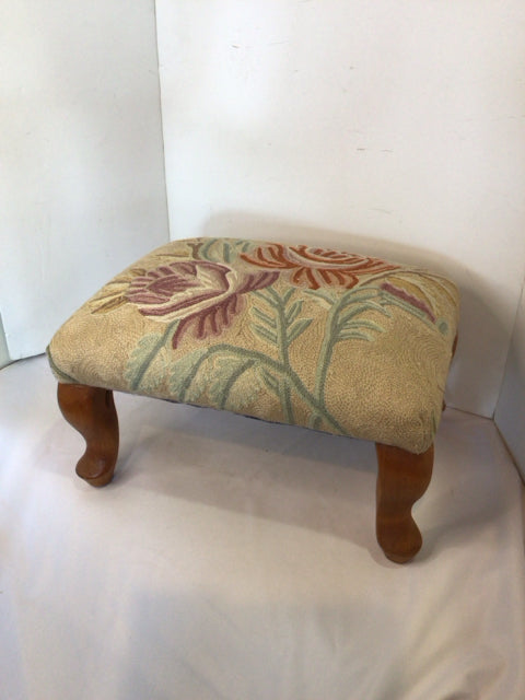 Vintage Cream/Multi Wood Upholstered Seat Tapestry FootStool/Ottoman