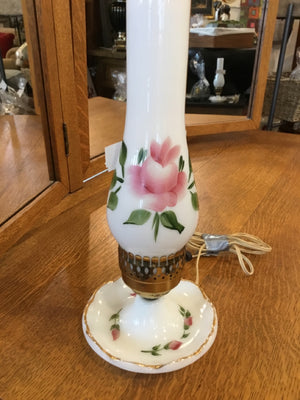 Vintage White/Pink Glass Roses Hurricane Lamp