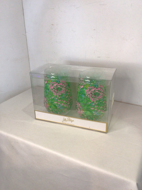 Lilly Pulitzer Wine Green/Pink Acrylic Floral Glasses