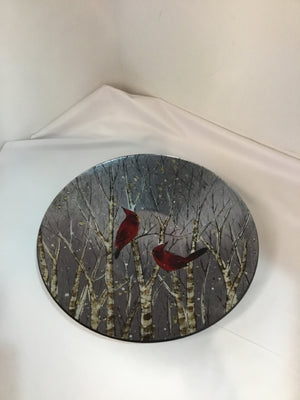 Bowl Gray/Red Glass Cardinal Holiday Item