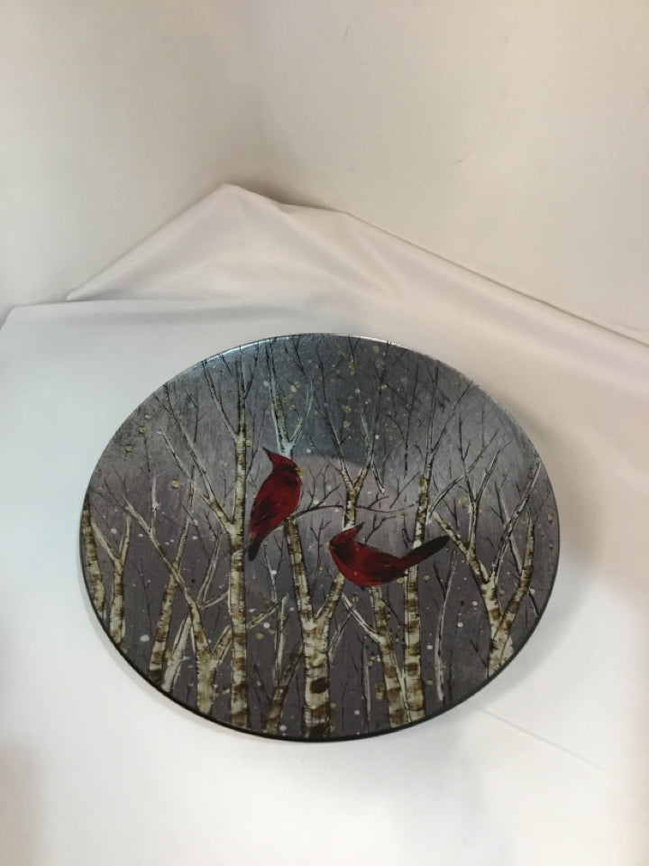 Bowl Gray/Red Glass Cardinal Holiday Item