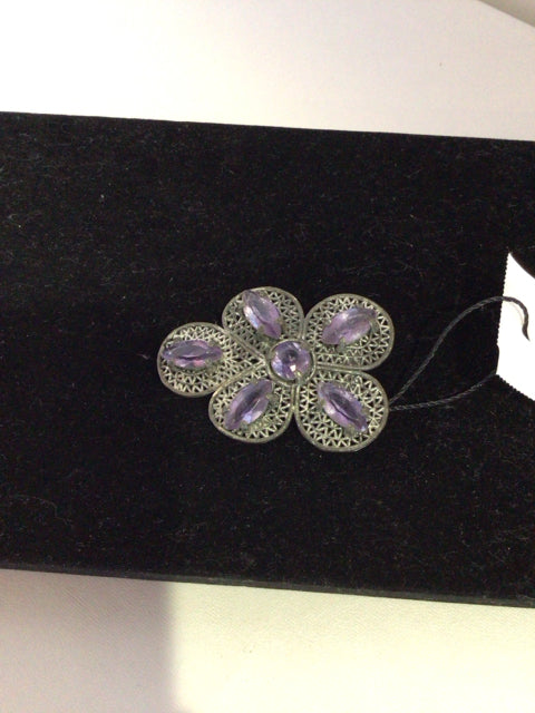 Vintage Metal Purple/Silver Jeweled Brooch