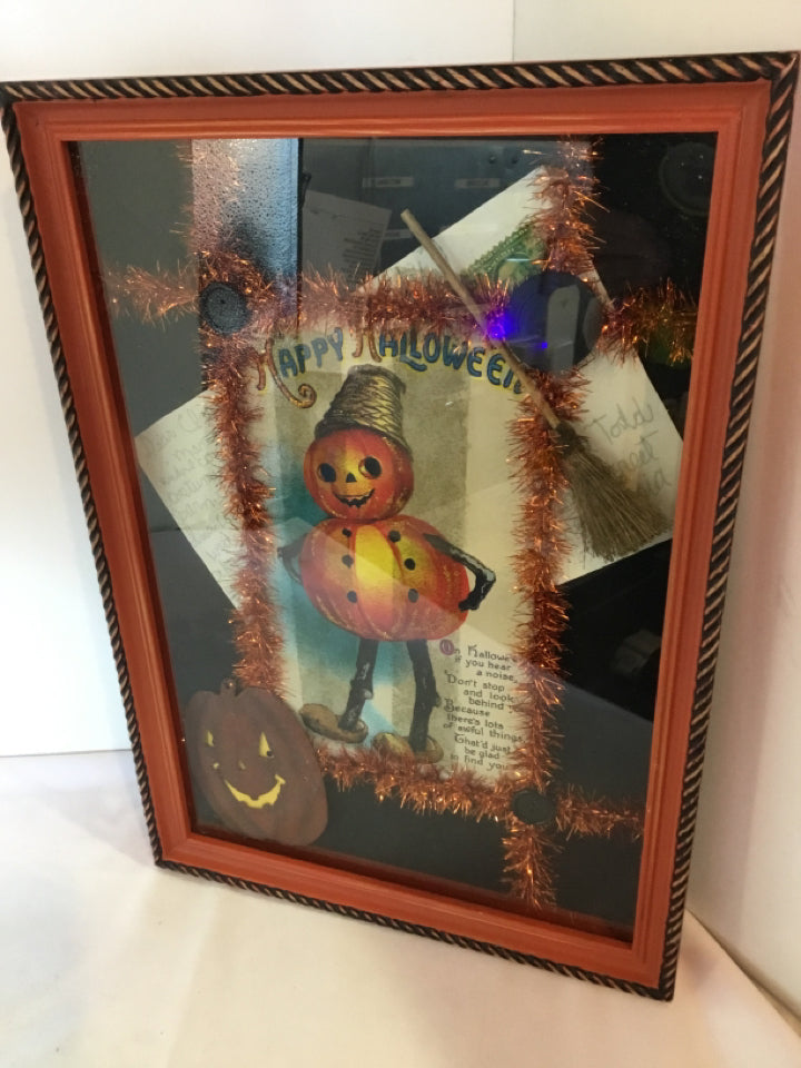Halloween Orange/Black Framed Shadow Box Jack-o-Lantern Holiday Item