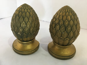 Pair Antiqued Gold Resin Artichoke Book Ends