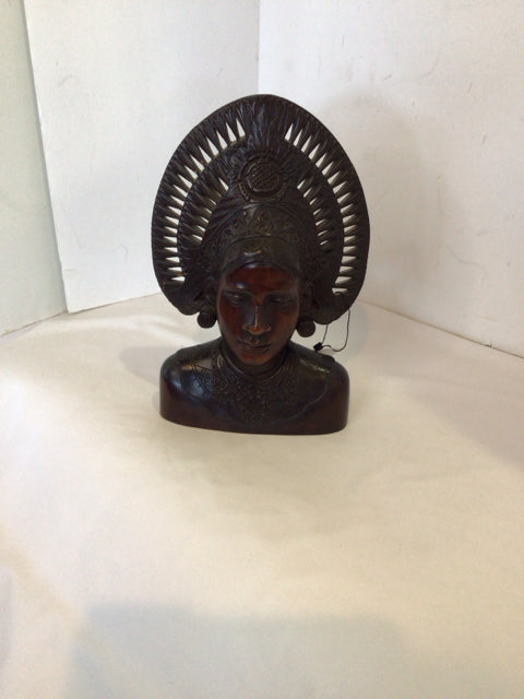 Carved Black/Brown Wood Indian Bust Statue