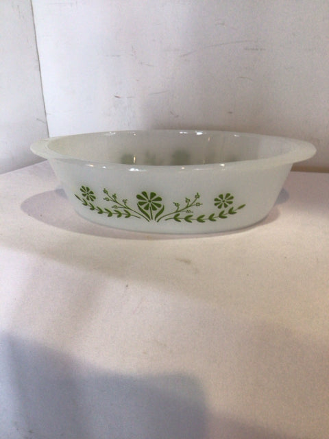Glassbake Vintage Casserole White/Green Glass Floral Dish