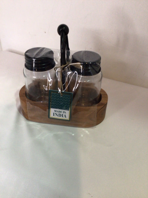 Brown/Black Glass/Wood In Holder Salt & Pepper
