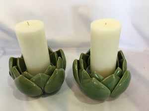 Arhaus W/Candle Green Ceramic Lotus Candle Holders