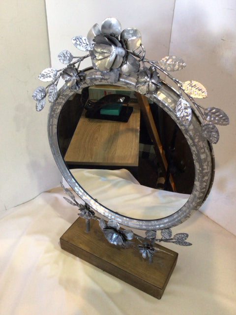 Table Top Silver Galvanized Round Floral Mirror