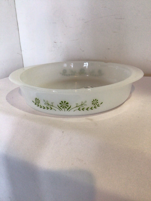 Glassbake Vintage Casserole White/Green Glass Floral Dish
