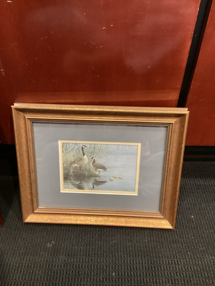 Signed Gray/Gold Geese Lake Framed Art