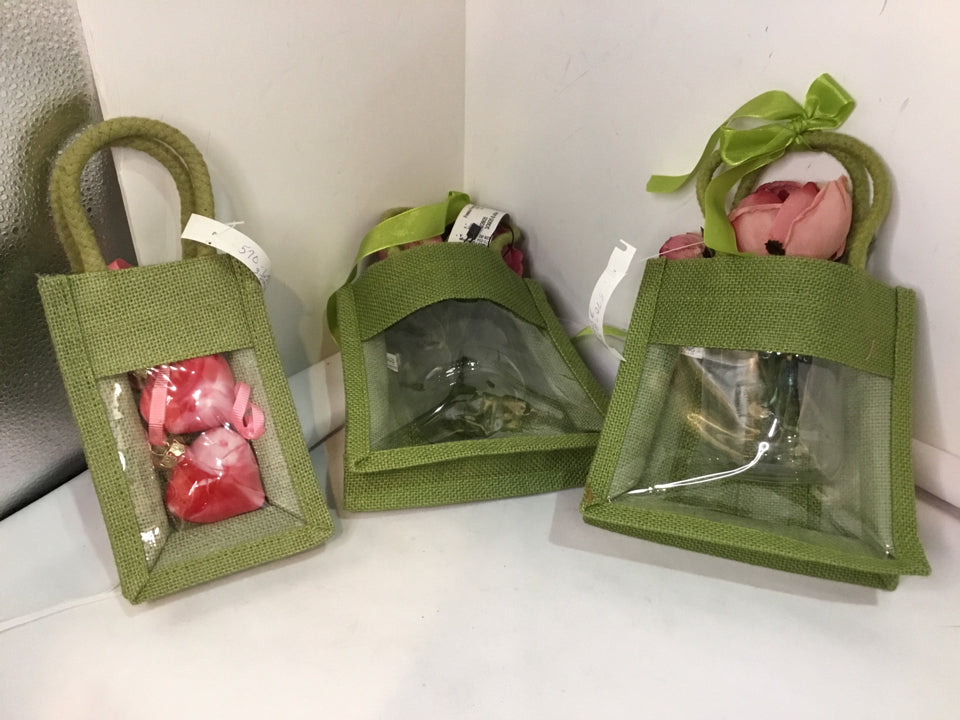 Set of 3 Green/Pink Burlap Bag W/ 3 wax Misc