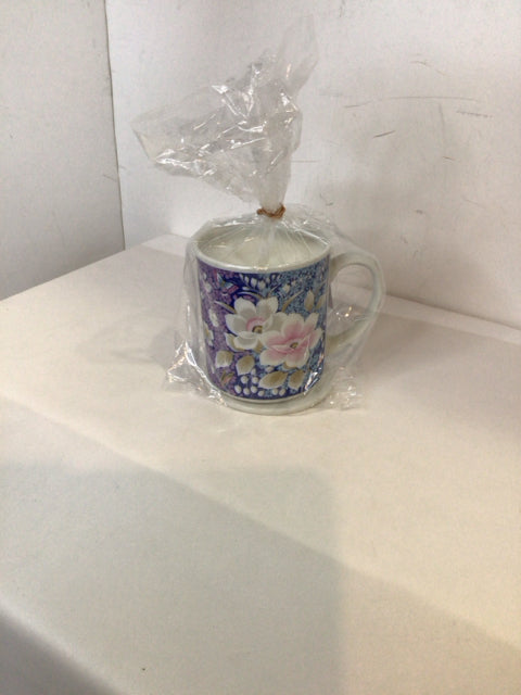 Mug Blue/Pink Ceramic Floral W/Lid Candle