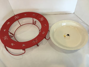 Christmas Red/white Ceramic/Metal Tray 2 piece Holiday Item
