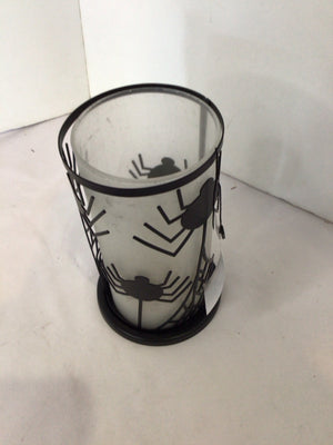 Halloween White/Black Metal/Glass Candle Holder Spider Holiday Item
