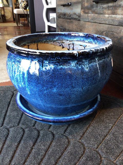 2 Piece Blue Pottery W/ Saucer Planter