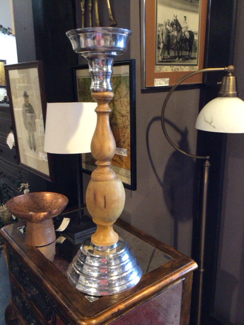 Tan/Silver Mix Wood Metal Base Candleholder(s)