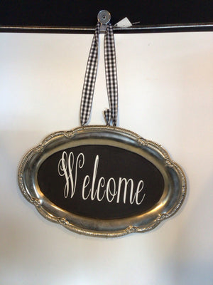Tray Metal Welcome Silver/Black Wall Decoration