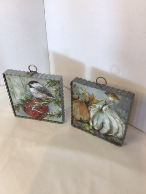 Pair Metal/Wood Bird Pumpkin Wall Decoration Art