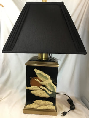 Oriental Black/Cream Lacquer Crane Square Lamp