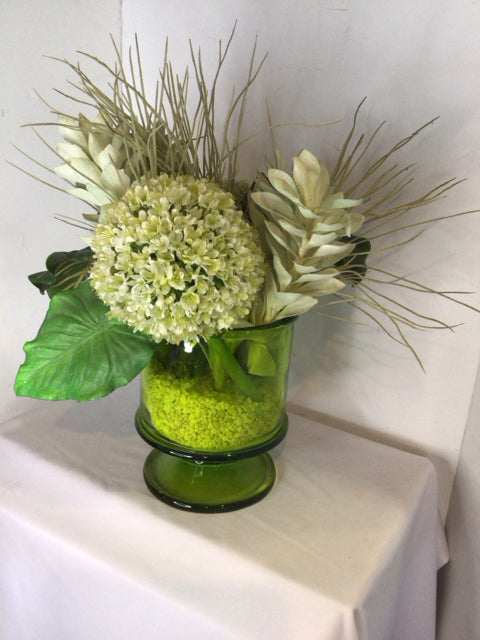 Green/White In Vase Faux Flowers