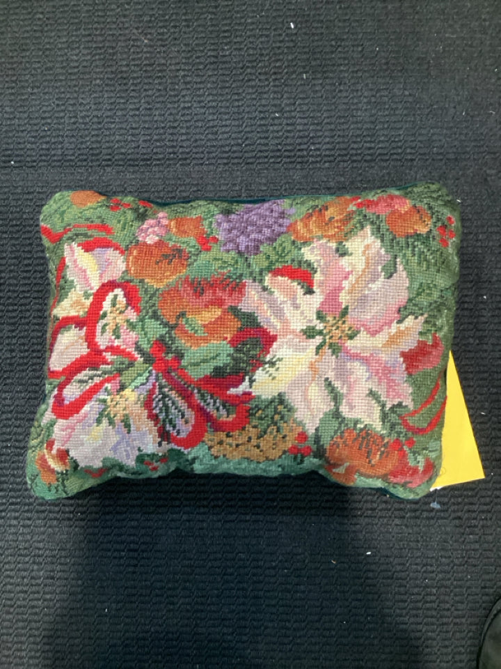 Christmas Green/Red Needlepoint Pillow Poinsettia Holiday Item