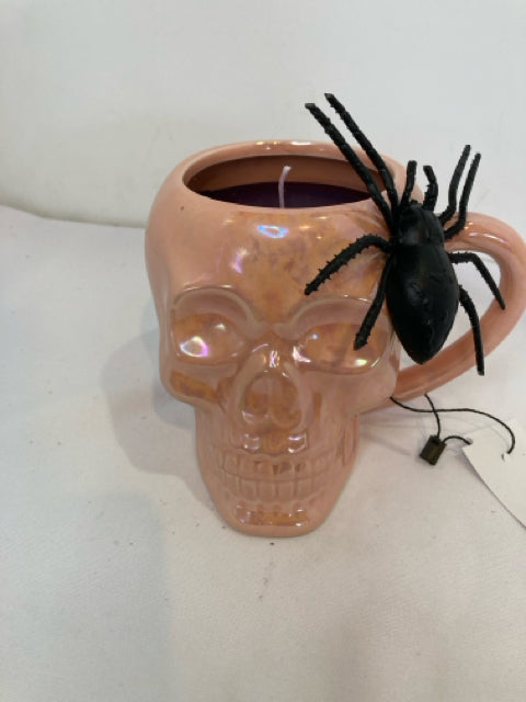 Halloween Pink/Black Candle Ceramic Skull Spider Holiday Item