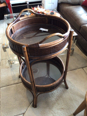 Mid-Century Rattan Round Tiered Brown Cart