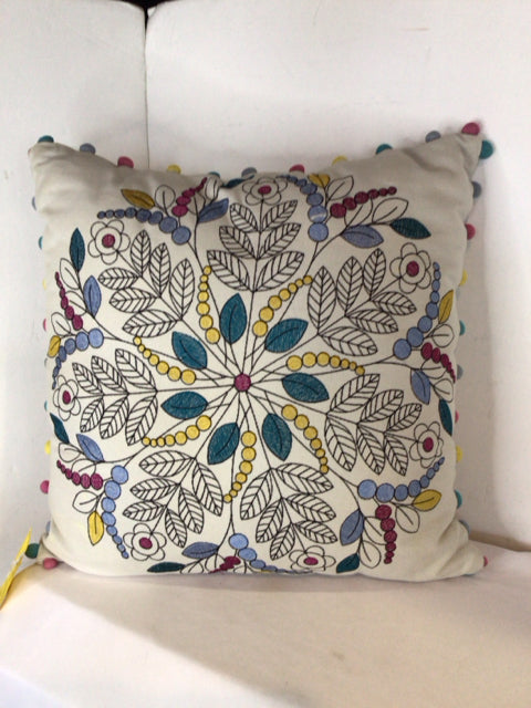 White/Multi Embroidered PomPoms Pillow