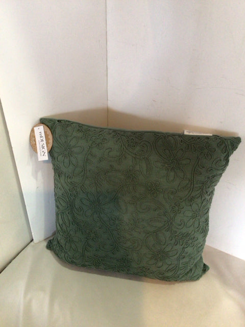 Green Polyester Embroidered Flowers Pillow