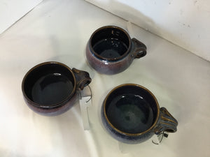 Set of 3 Brown/Purple Pottery Handles Bowl Set