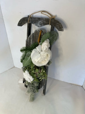 Wall Decoration Gray/White Wood Sled Flowers Holiday Item