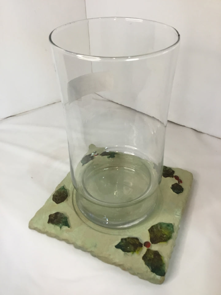 Candle Holder Clear/White Glass/Resin Holly Hurricane Holiday Item