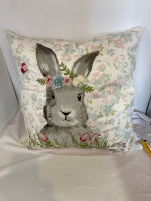 Easter Gray/Pink Cotton Down Bunny Floral Pillow