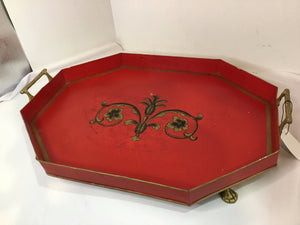 Traditional Red/Gold Metal Floral Tray