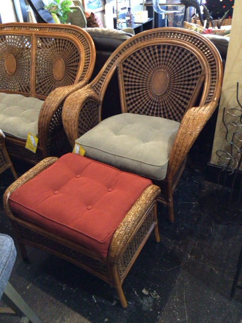 Bohemian Rattan w/cushion Peacock Brown Chair & Ottoman