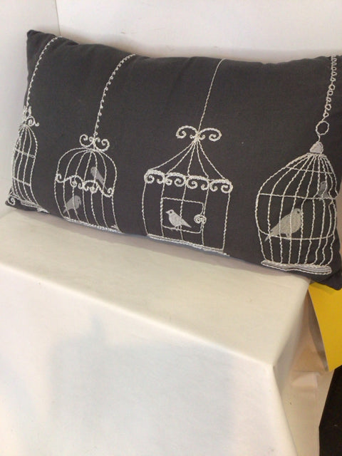 Gray/White Cotton Birdcage Birds Pillow