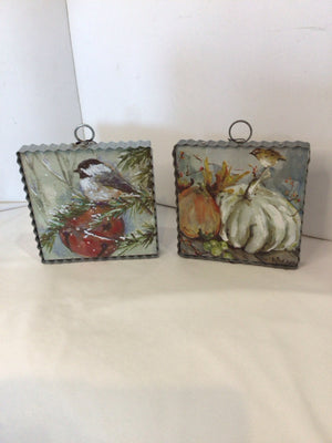 Pair Metal/Wood Bird Pumpkin Wall Decoration Art