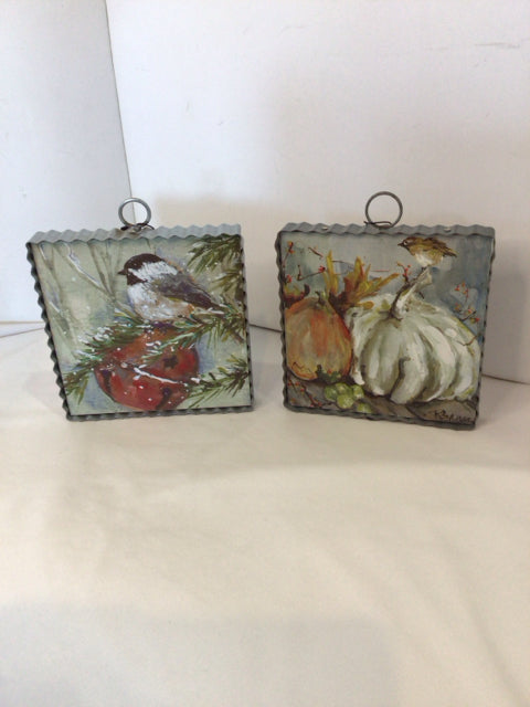 Pair Metal/Wood Bird Pumpkin Wall Decoration Art
