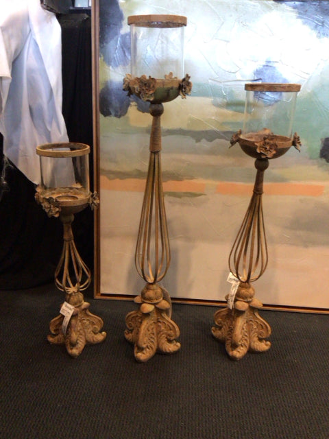 Set of 3 Tan Wrought Iron Candle Holders