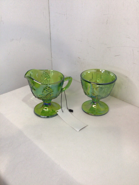 Vintage Green Glass Grape Sugar/Creamer