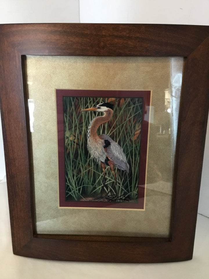 Signed Gray/Brown Heron Framed Art