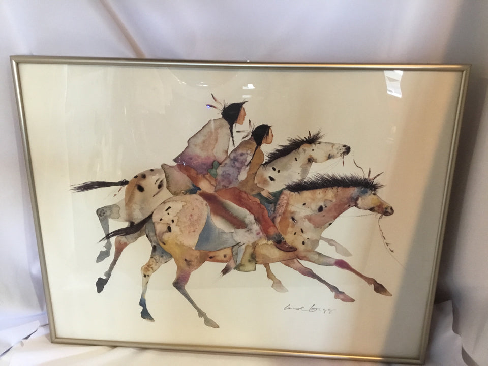 Signed Native American Multi-Color Indian Horses Framed Art