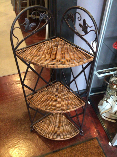Corner Brown/black Metal/wicker Tiered Folding Plant Stand