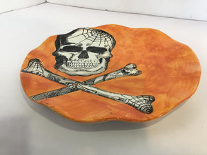 Halloween Orange/White Ceramic Plate Skull Holiday Item