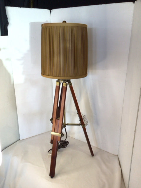 Vintage Brown Wood Folding Tripod Lamp