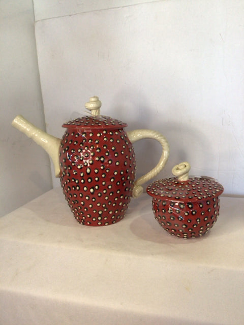 2 Piece Red/Black Pottery Polka Dot Tea Set