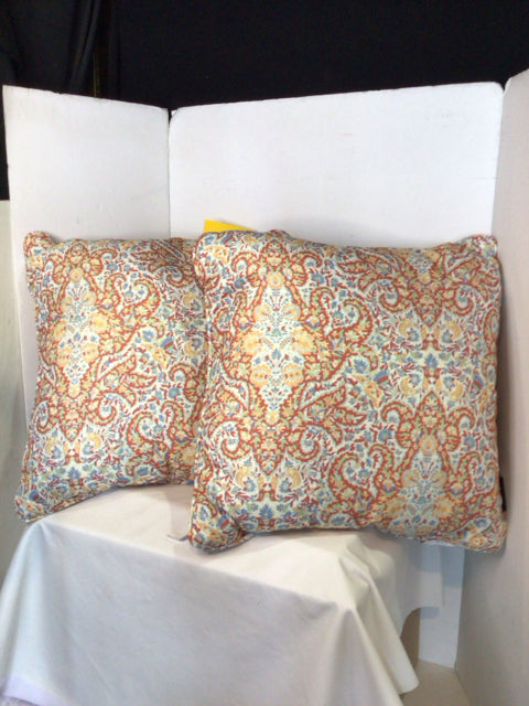 Pair Orange/Cream Poly Blend Outdoor/Outside Pillow Set